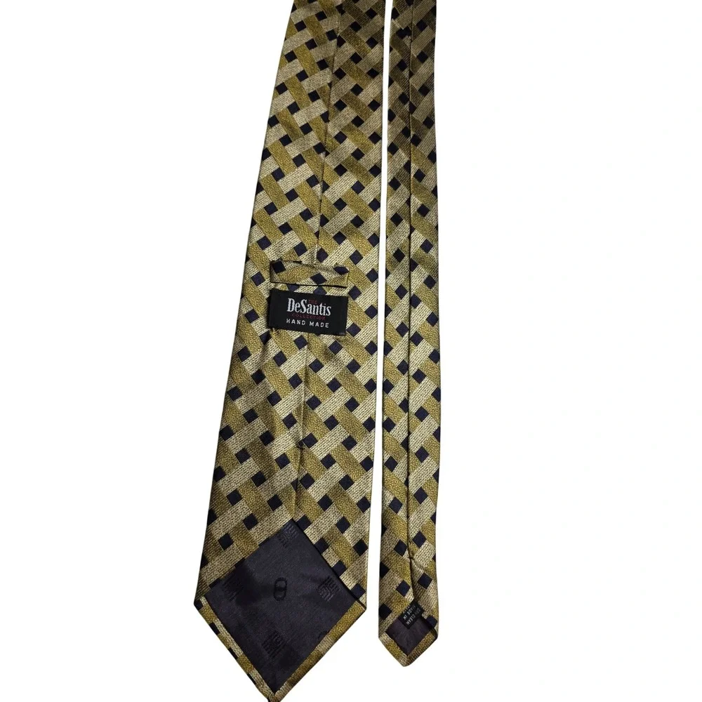 DeSantis Hand Made Mens Silk Tie Gold‎ Navy Geometric Weave